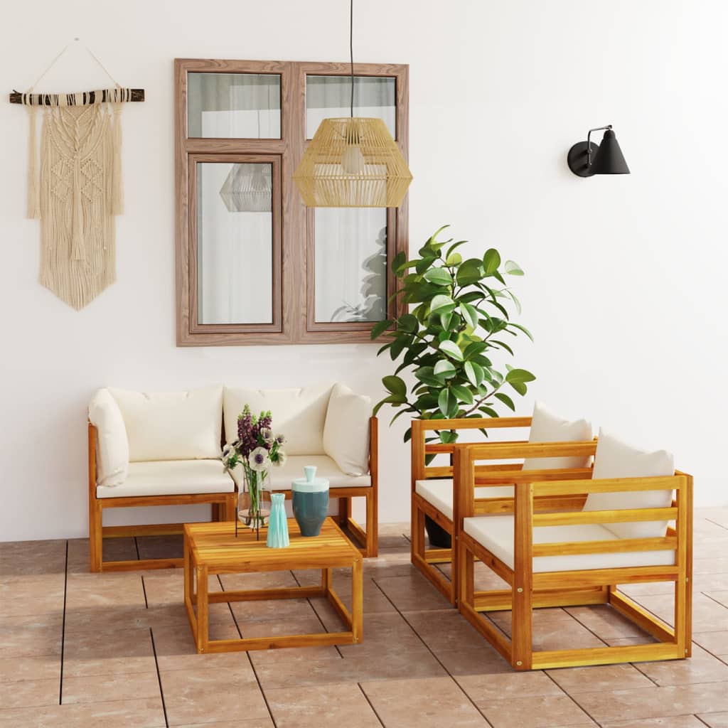Salon de jardin 5 pcs avec coussin Crème Bois d'acacia solide