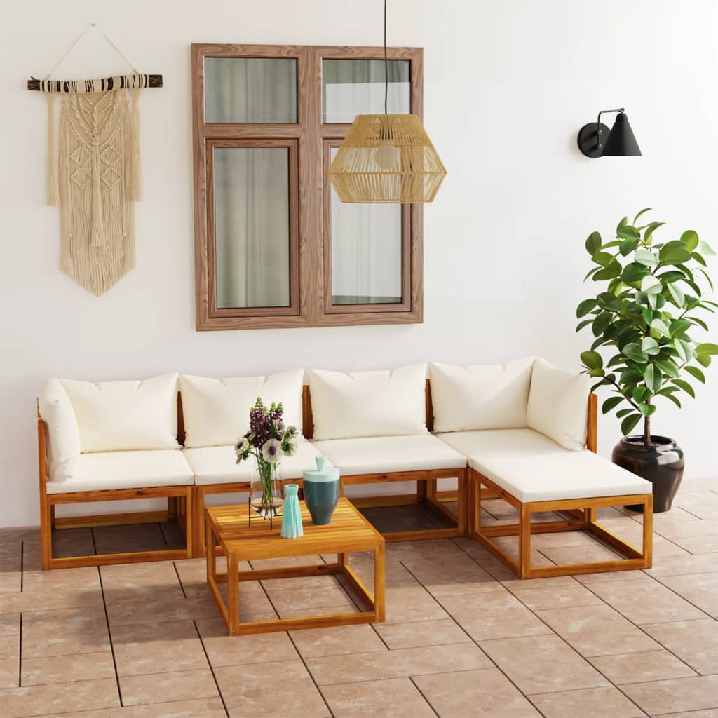 Salon de jardin 6 pcs avec coussin Crème Bois d'acacia solide