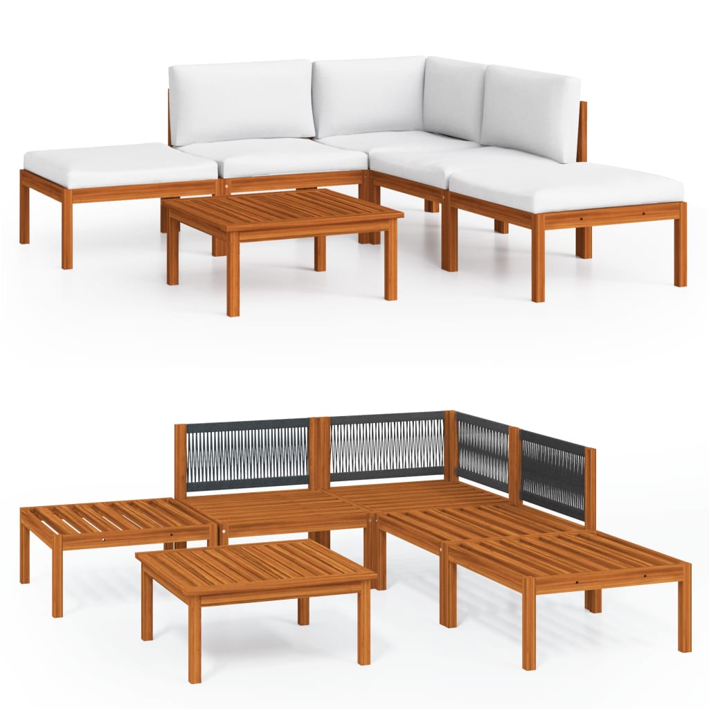 Salon de jardin 6 pièces avec coussins, bois d'acacia crème et corde