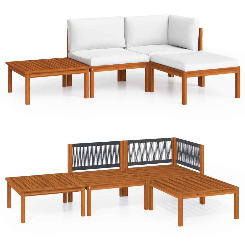 Salon de jardin 4 pièces avec coussins, bois d'acacia crème et corde