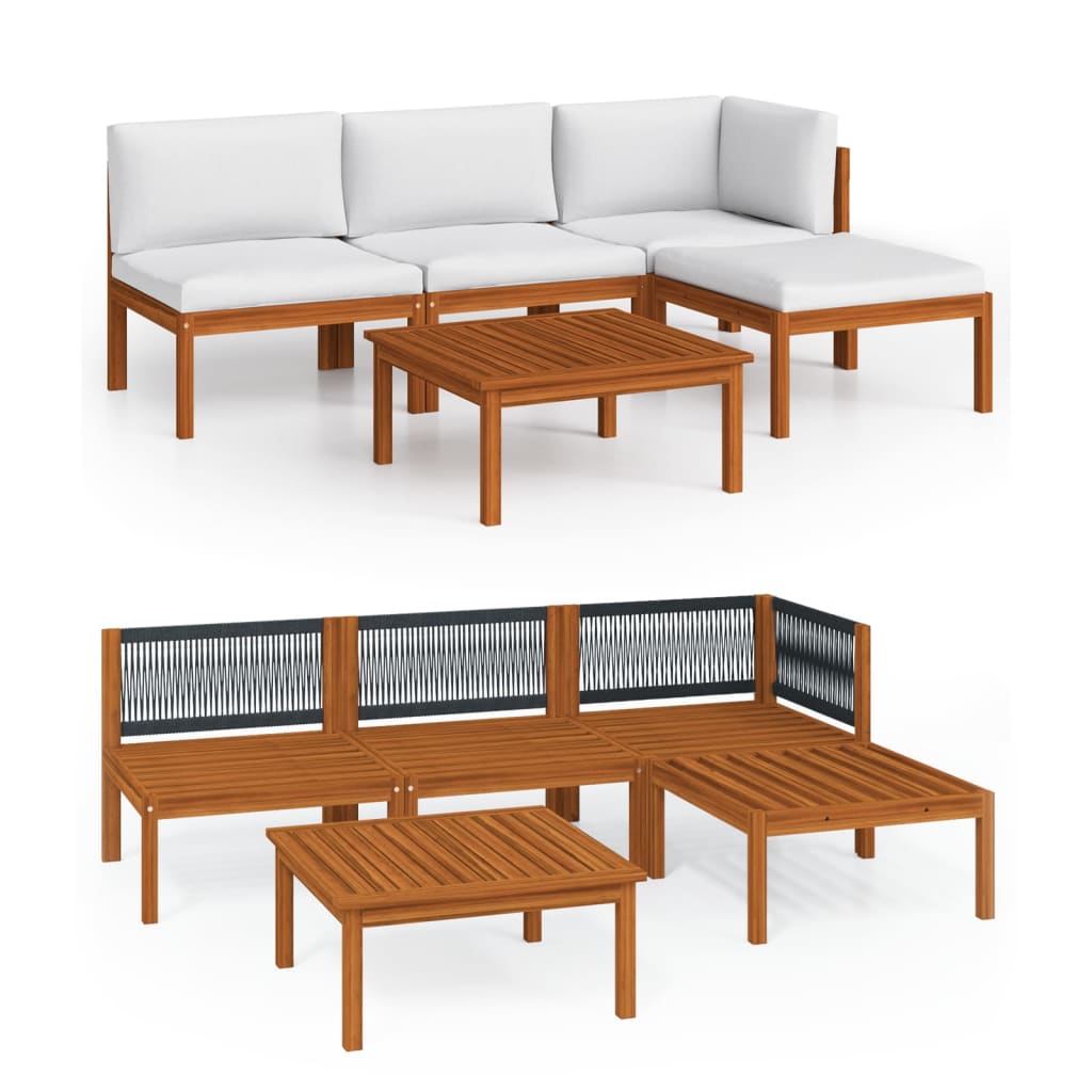 Salon de jardin 5 pièces avec coussins, bois d'acacia crème et corde