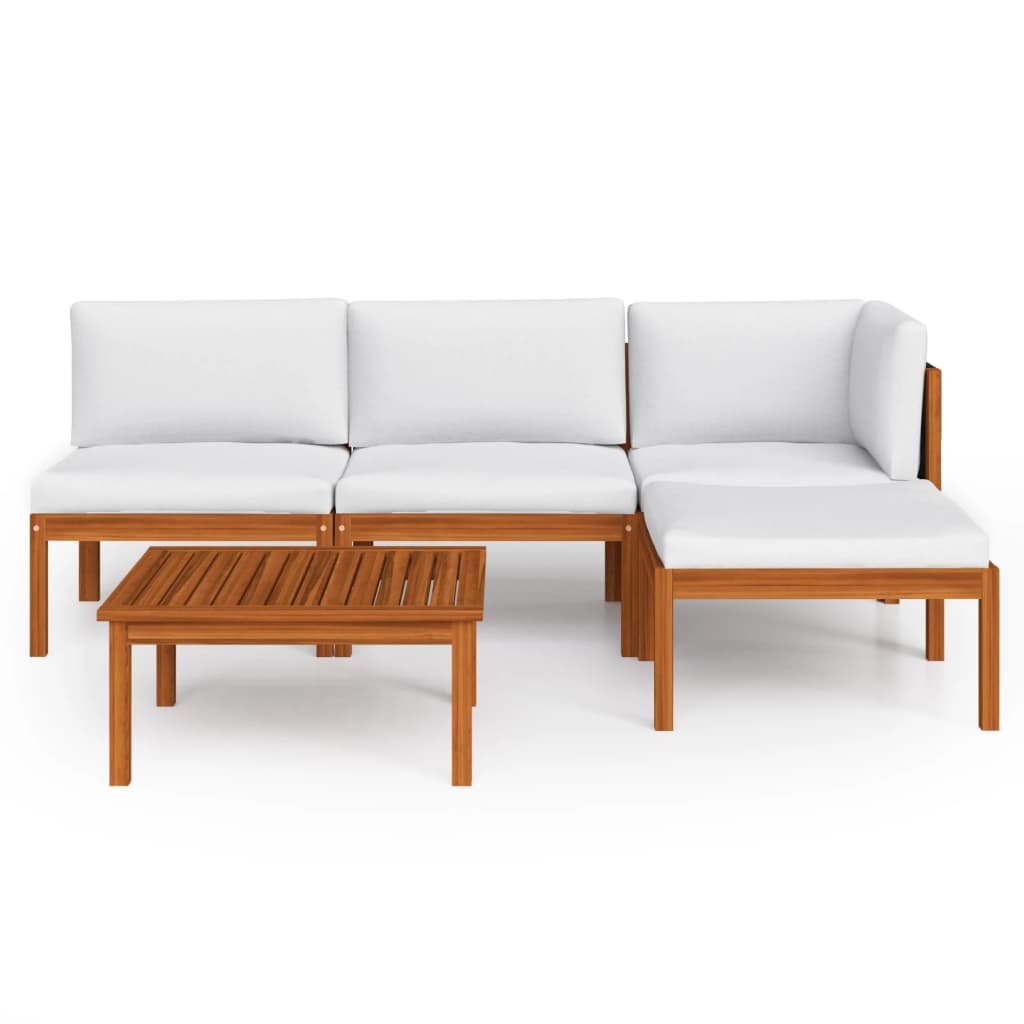 Salon de jardin 5 pièces avec coussins, bois d'acacia crème et corde