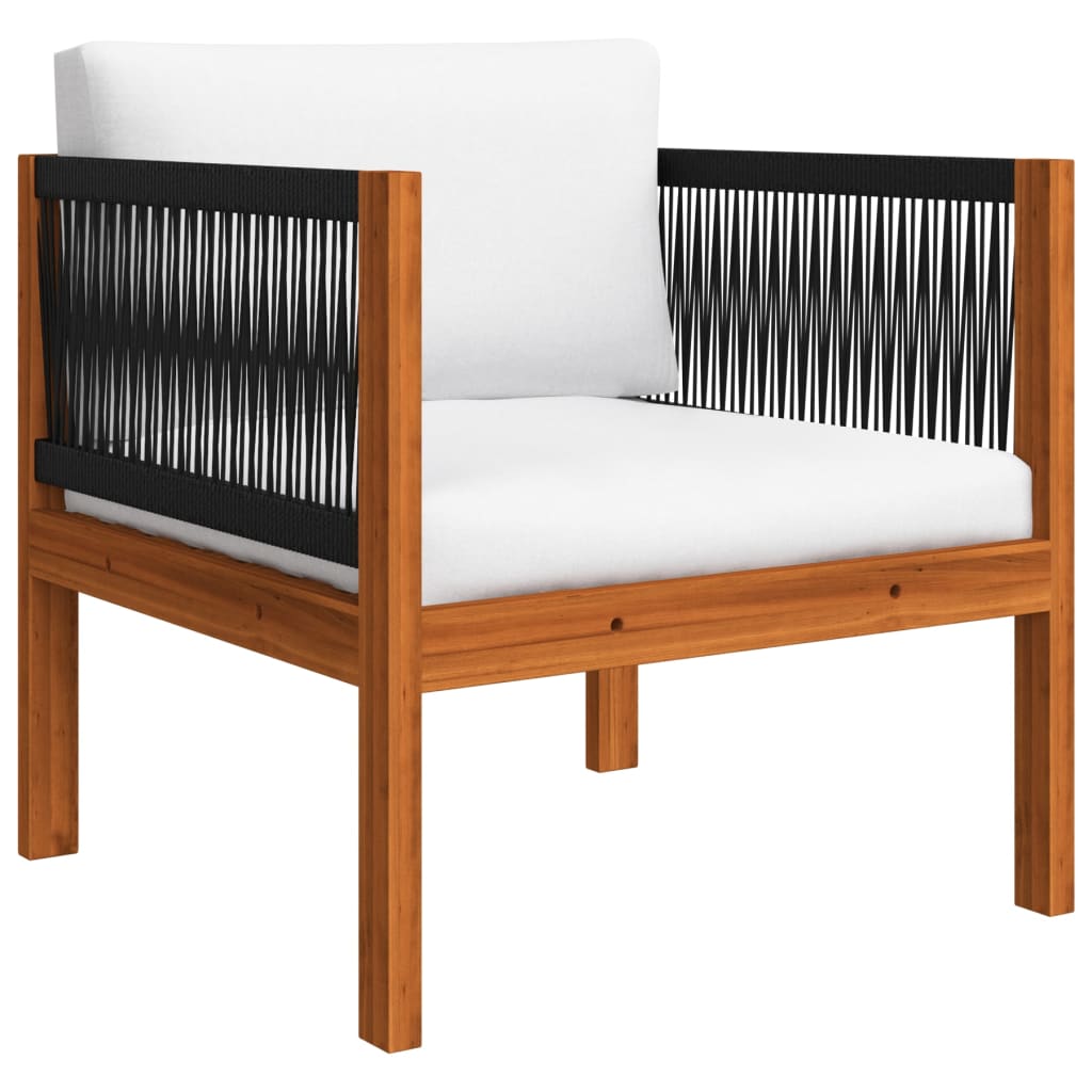 Salon de jardin 6 pièces avec coussins, bois d'acacia crème et corde