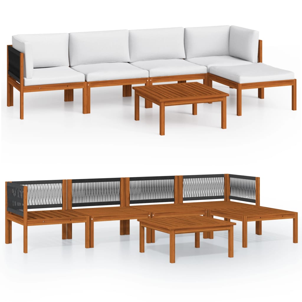 Salon de jardin 6 pièces avec coussins, bois d'acacia crème et corde