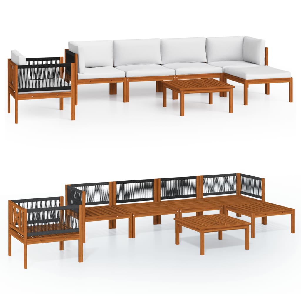 Salon de jardin 7 pièces avec coussins, bois d'acacia crème et corde