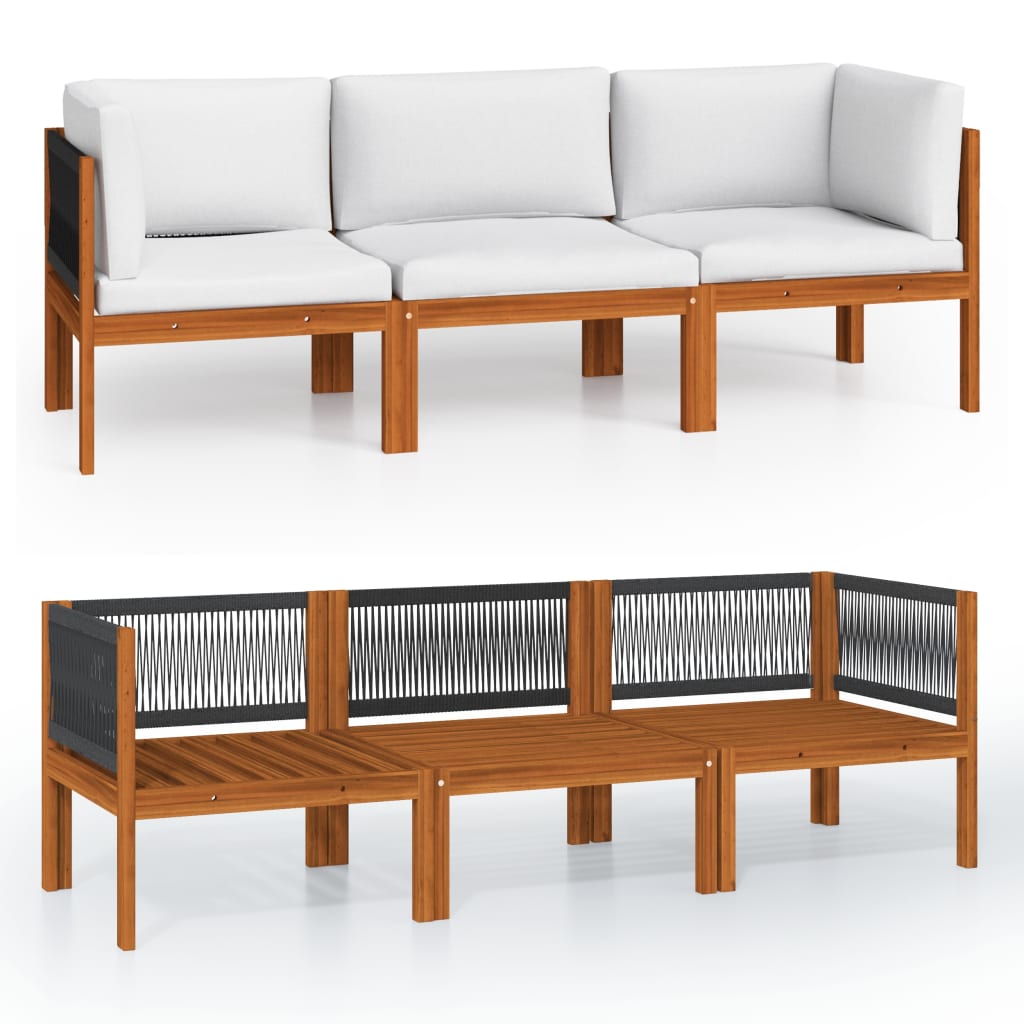 Canapé de jardin 3 places avec coussin en bois d'acacia et corde