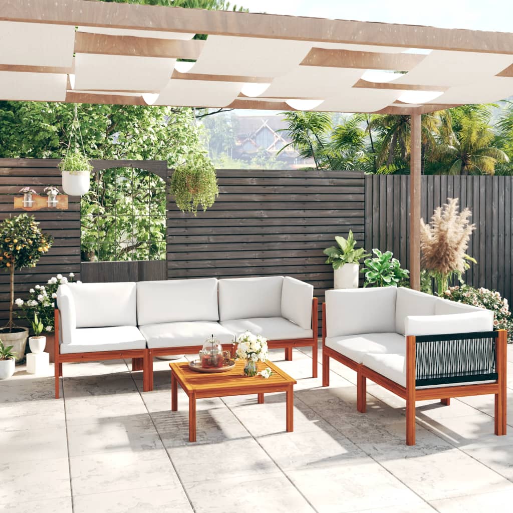 Salon de jardin 6 pièces avec coussins, bois d'acacia crème et corde