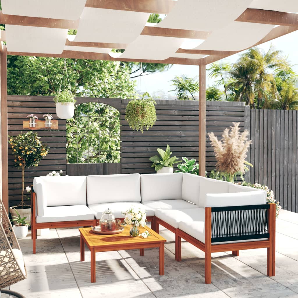 Salon de jardin 6 pièces avec coussins, bois d'acacia crème et corde