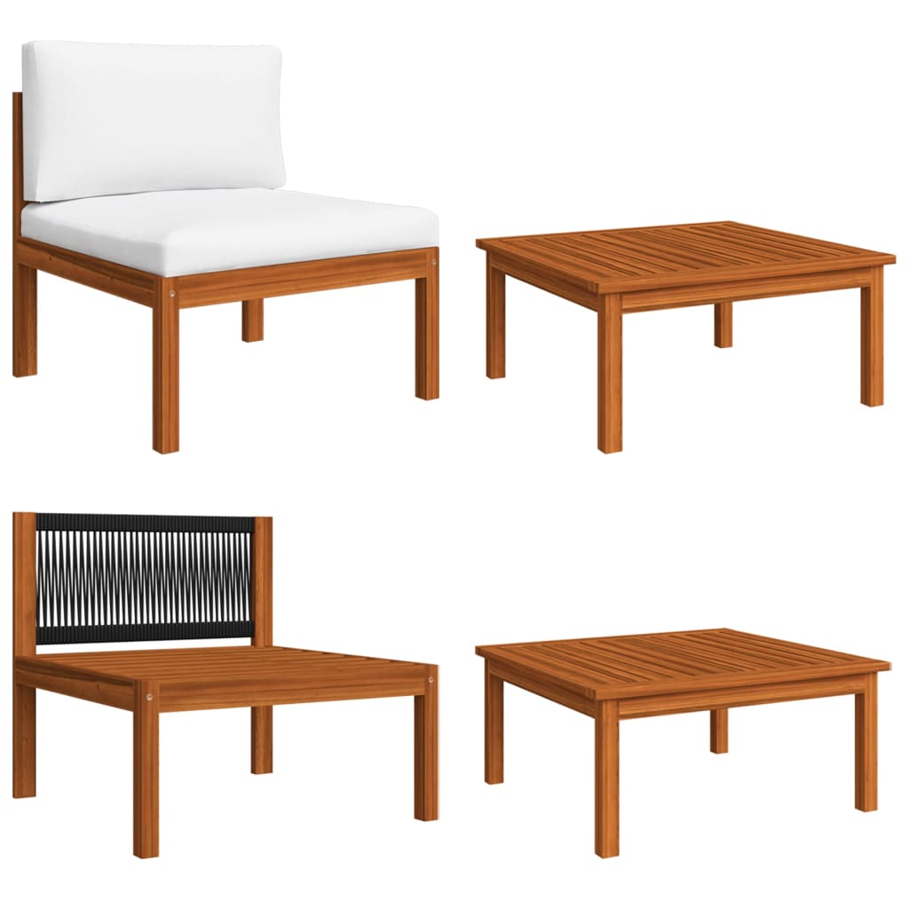 Salon de jardin 7 pièces avec coussins, bois d'acacia crème et corde