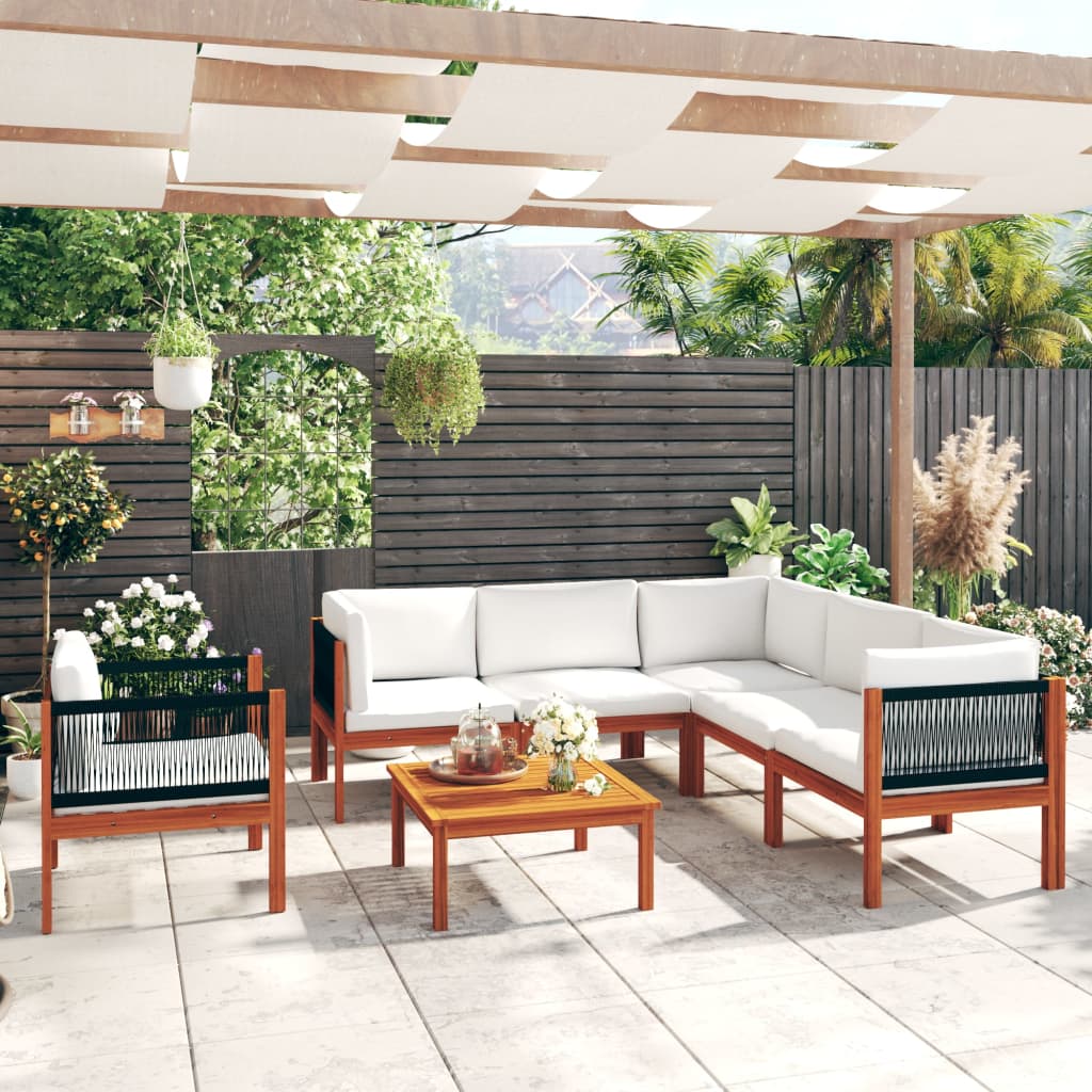 Salon de jardin 7 pièces avec coussins, bois d'acacia crème et corde