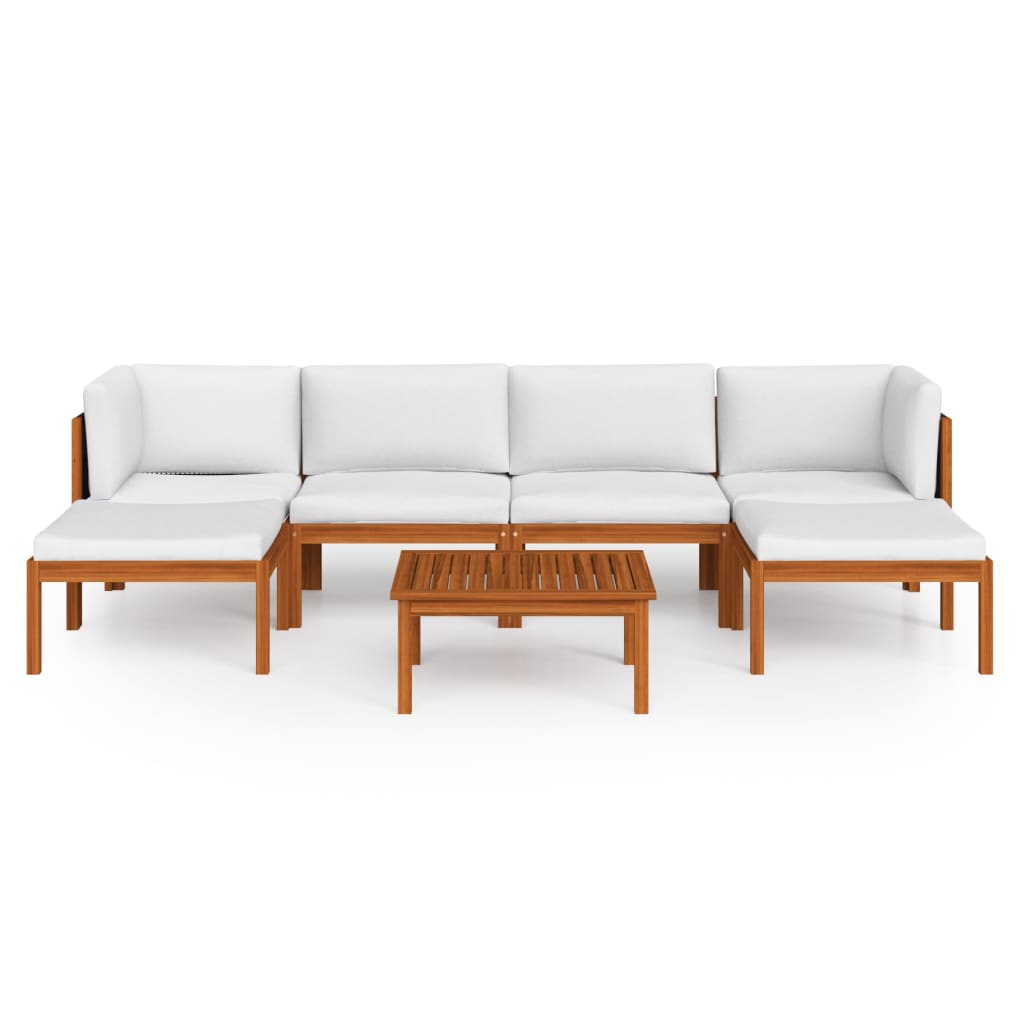 Salon de jardin 7 pièces avec coussins, bois d'acacia crème et corde