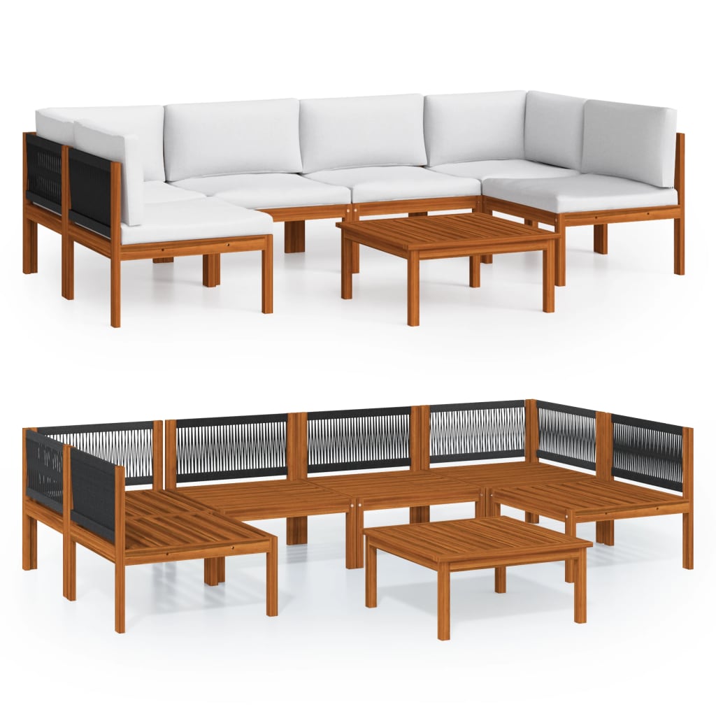 Salon de jardin 7 pièces avec coussins, bois d'acacia crème et corde