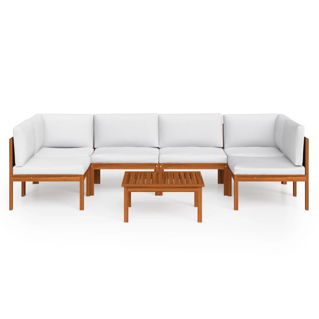 Salon de jardin 7 pièces avec coussins, bois d'acacia crème et corde