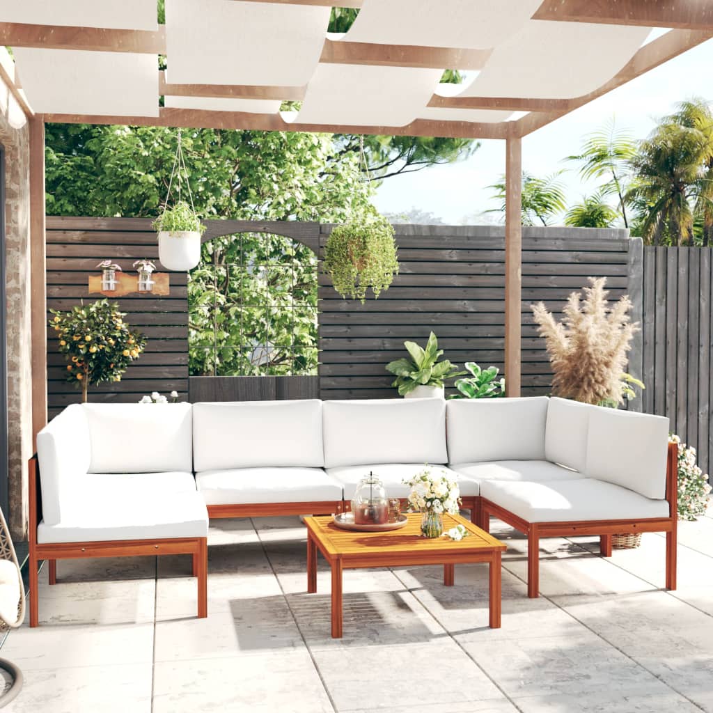 Salon de jardin 7 pièces avec coussins, bois d'acacia crème et corde
