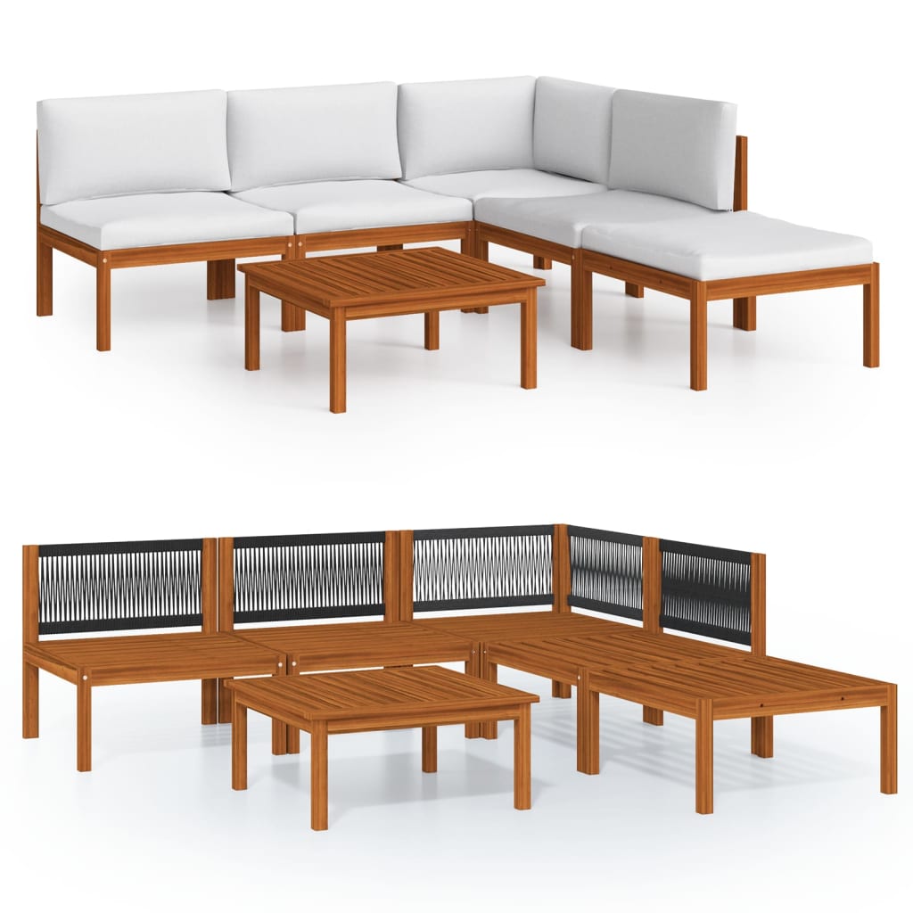 Salon de jardin 6 pièces avec coussins, bois d'acacia crème et corde