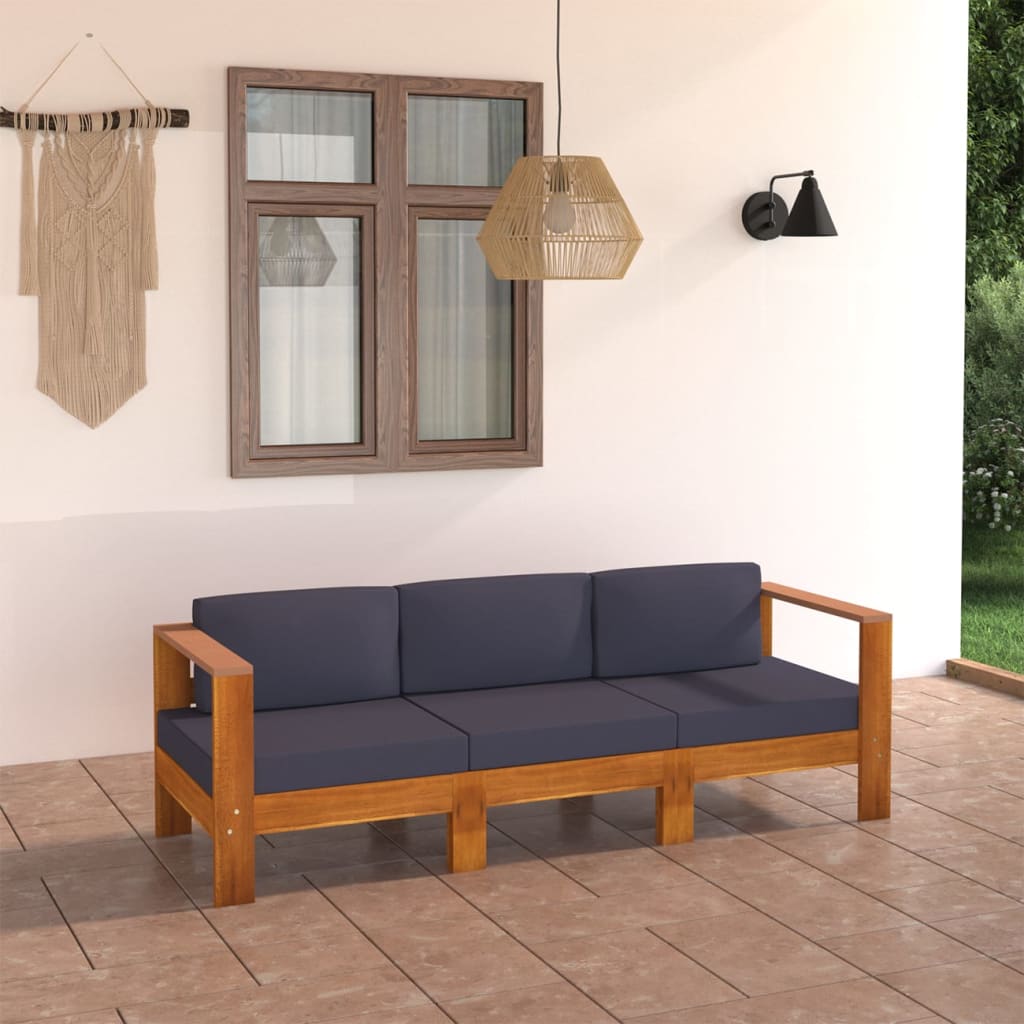 Canapé de jardin 3 places et coussins gris foncé Acacia massif
