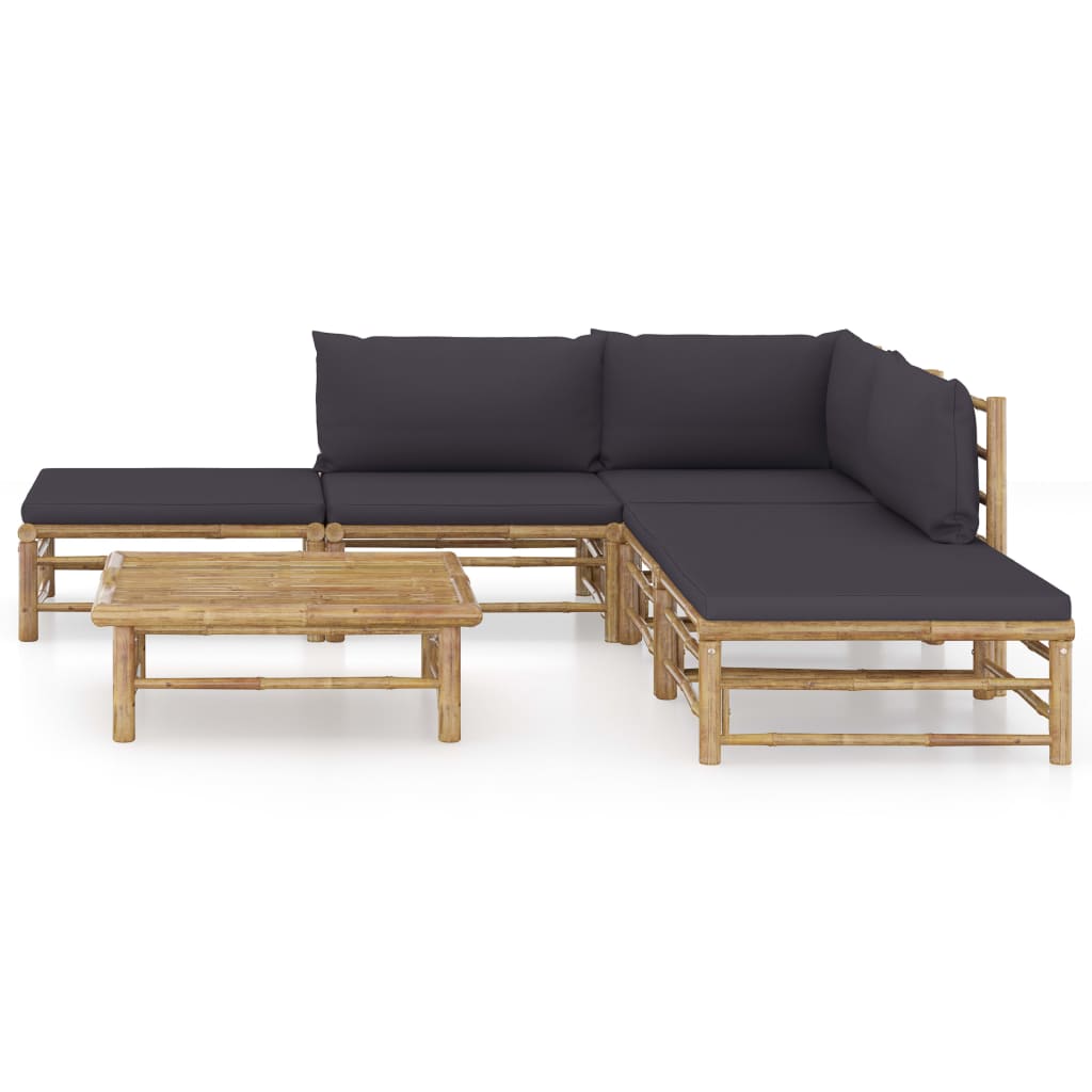 Salon de jardin 6 pcs avec coussins gris foncé bambou