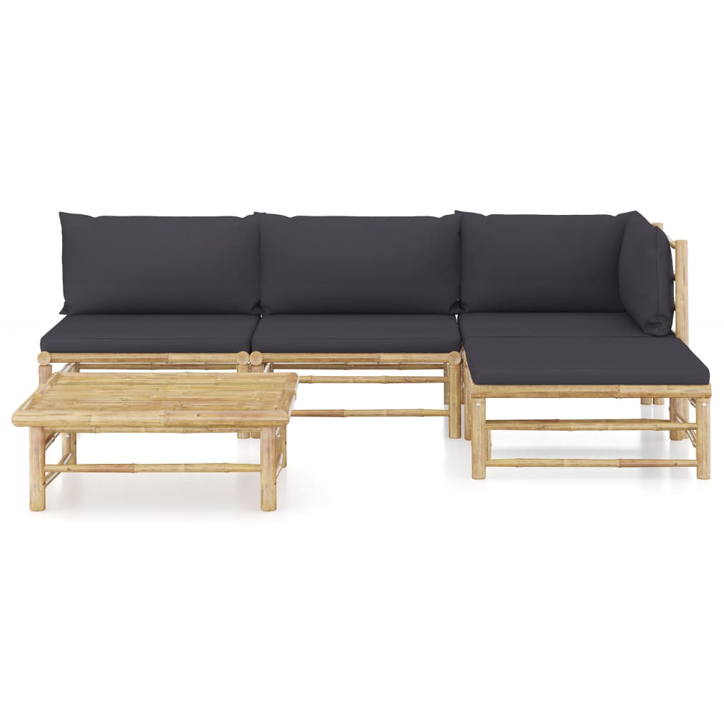 Salon de jardin 5 pcs avec coussins gris foncé bambou
