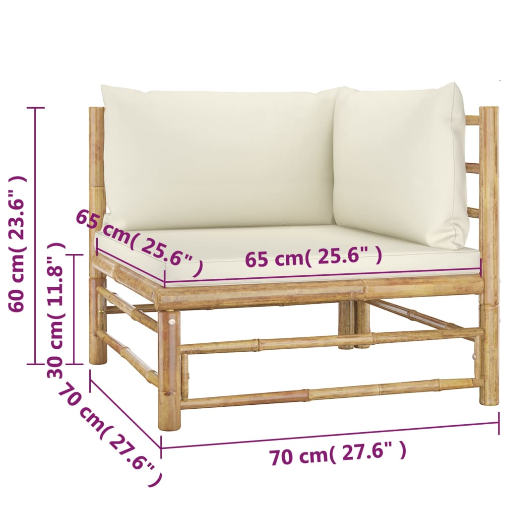 Salon de jardin 4 pcs avec coussins blanc crème bambou