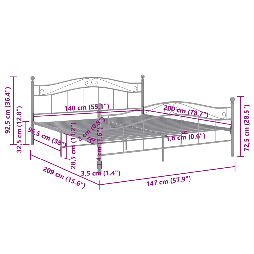 Cadre de lit sans matelas gris métal 140x200 cm - XIOS