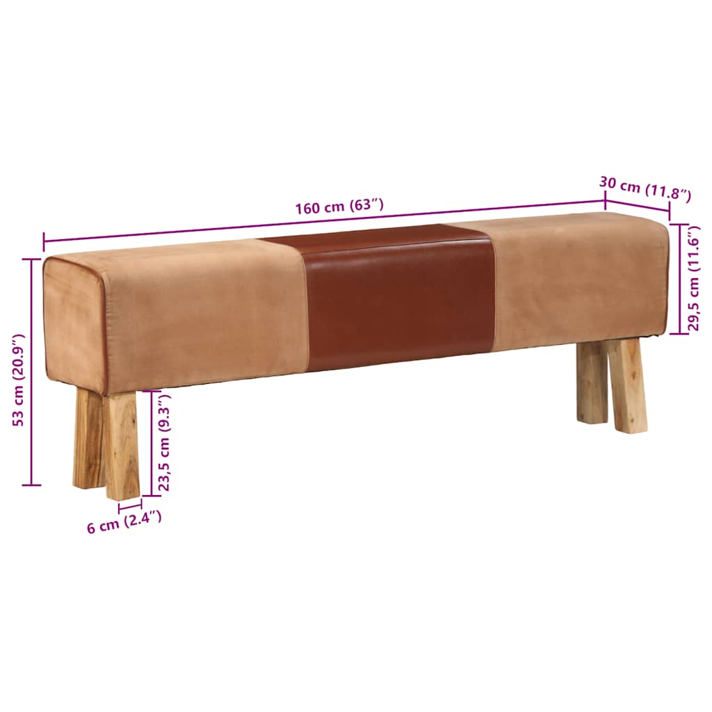 Banc saut de cheval 160 cm Marron Cuir véritable et bois acacia - XIOS