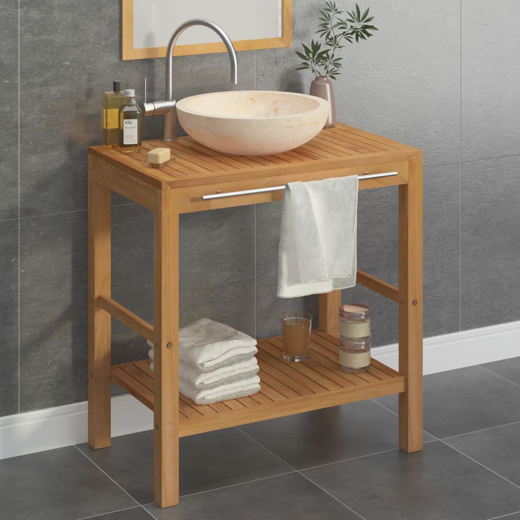 Armoire de toilette en teck solide avec lavabo en marbre Crème - XIOS