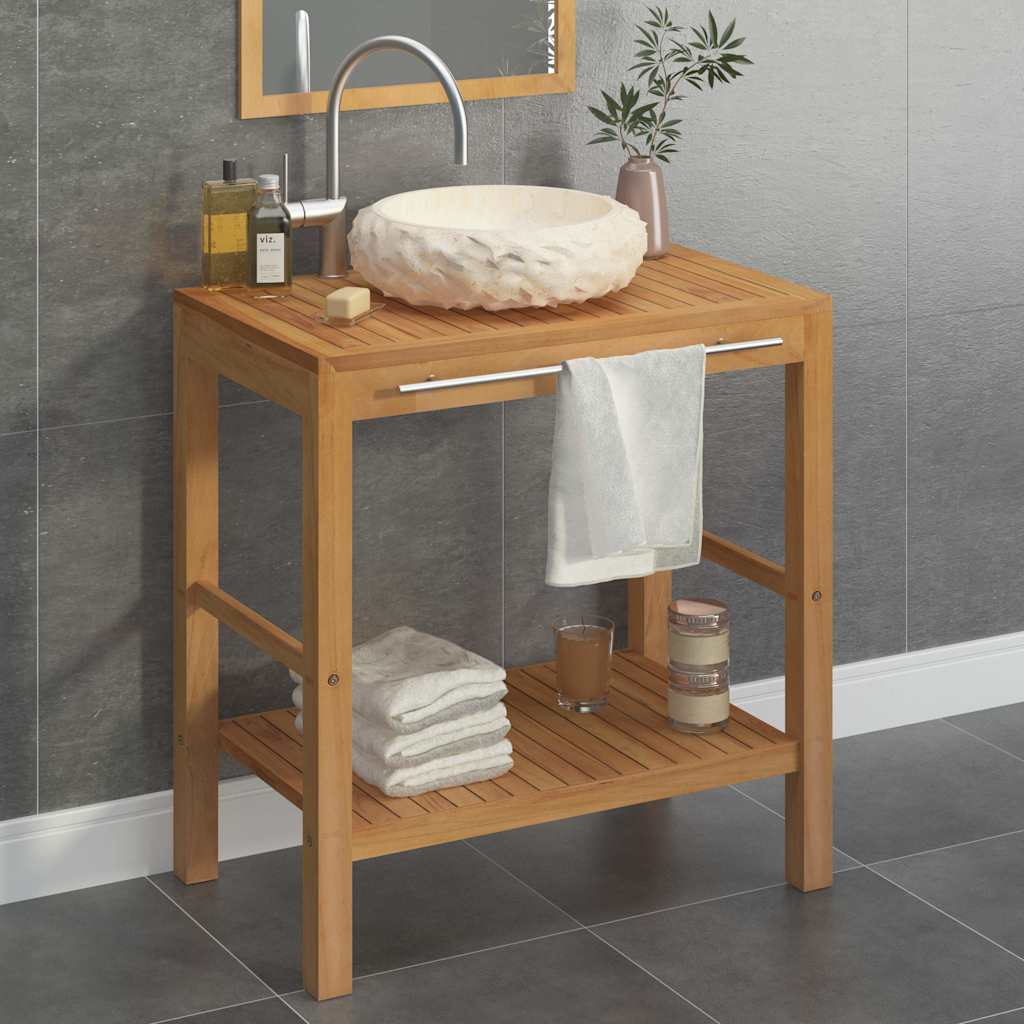 Armoire de toilette en teck solide avec lavabo en marbre Crème - XIOS