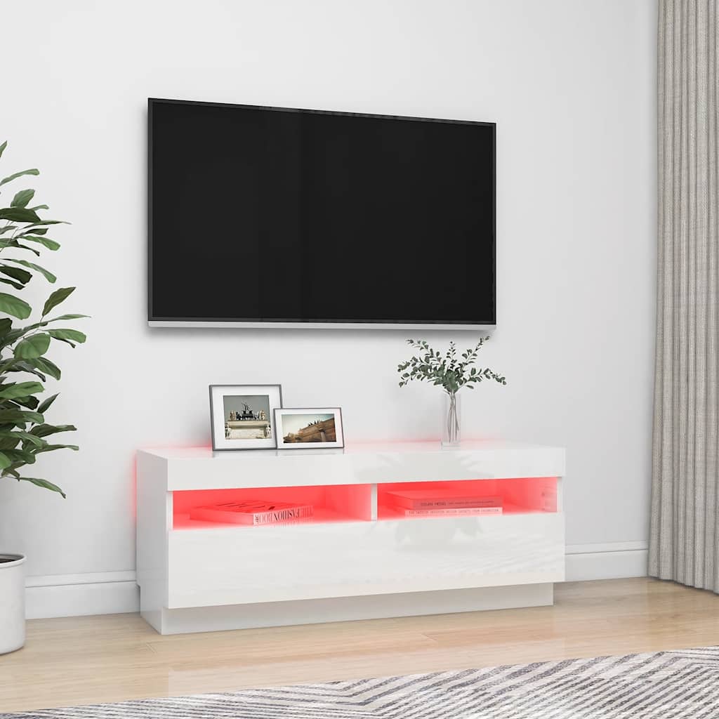 Meuble TV avec lumières LED blanc brillant 100x35x40 cm - XIOS