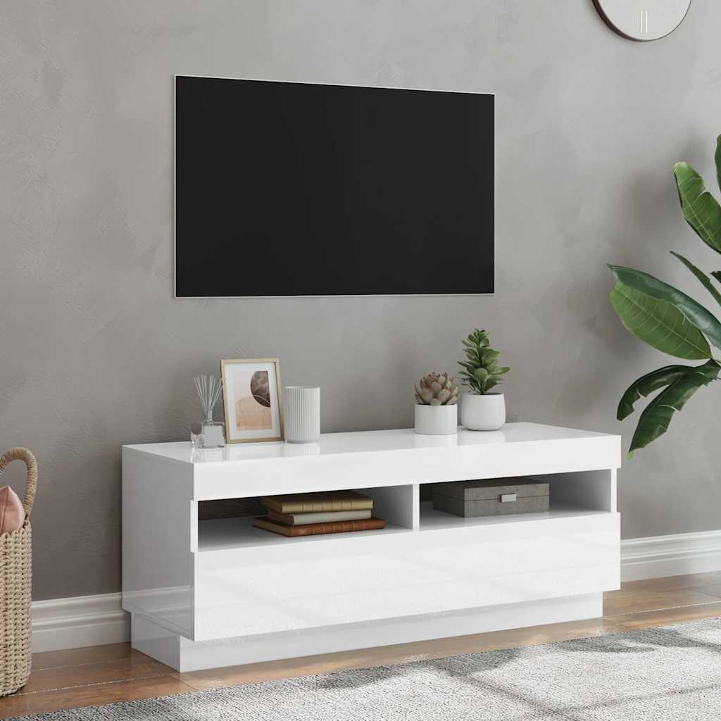 Meuble TV avec lumières LED blanc brillant 100x35x40 cm - XIOS