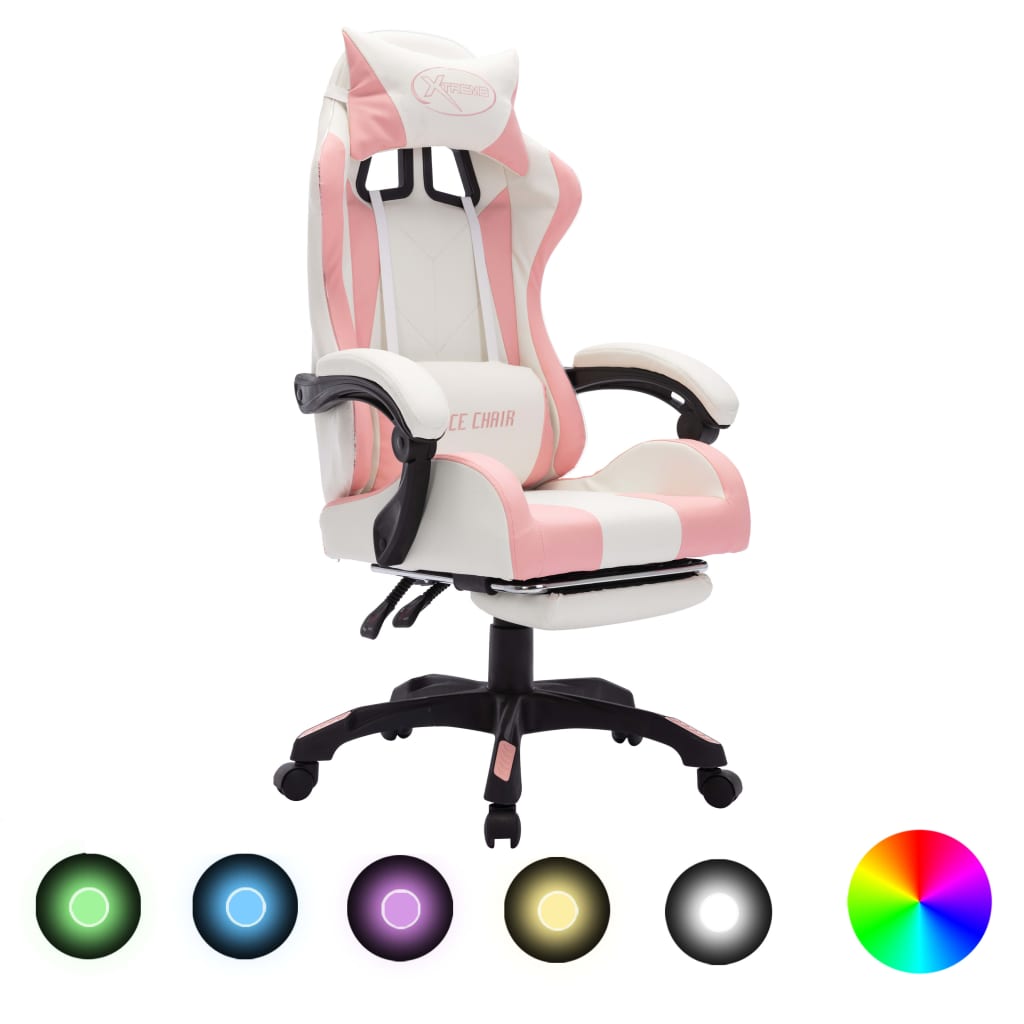 Fauteuil de jeux vidéo avec LED RVB Rose et blanc Similicuir Chaises de bureau vidaXL