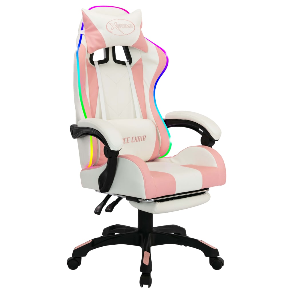 Fauteuil de jeux vidéo avec LED RVB Rose et blanc Similicuir Chaises de bureau vidaXL