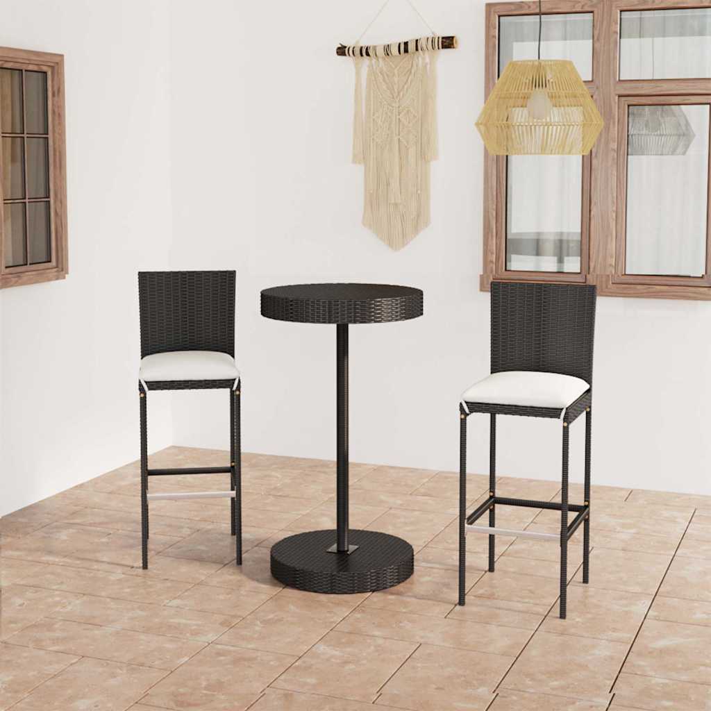 Ensemble de bar de jardin 3 pcs et coussins Résine tressée Noir