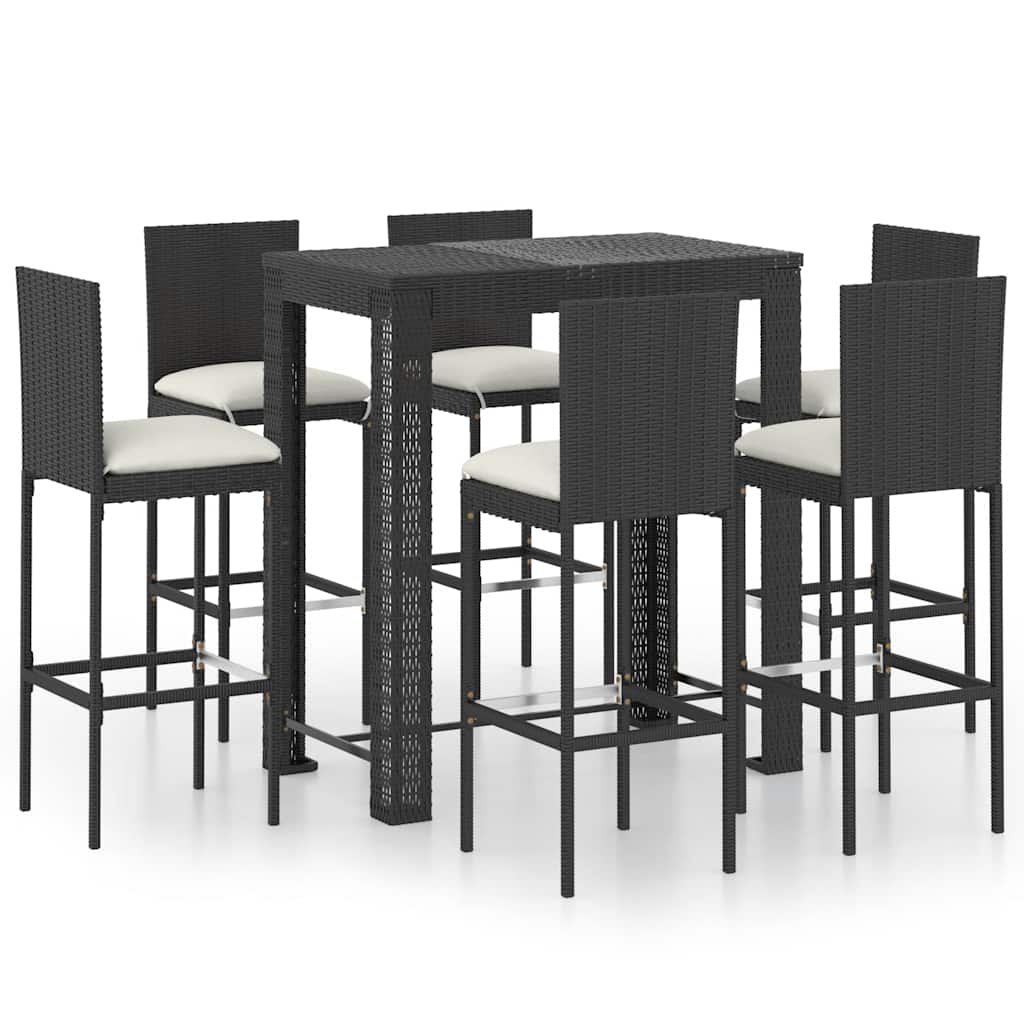 Ensemble de bar d'extérieur 7 pcs coussins Résine tressée Noir
