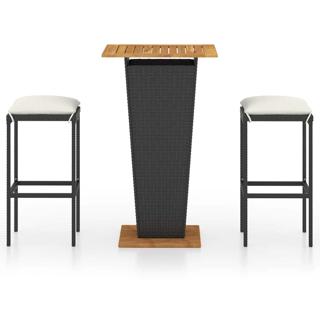 Ensemble de bar de jardin 3 pcs et coussins Résine tressée Noir