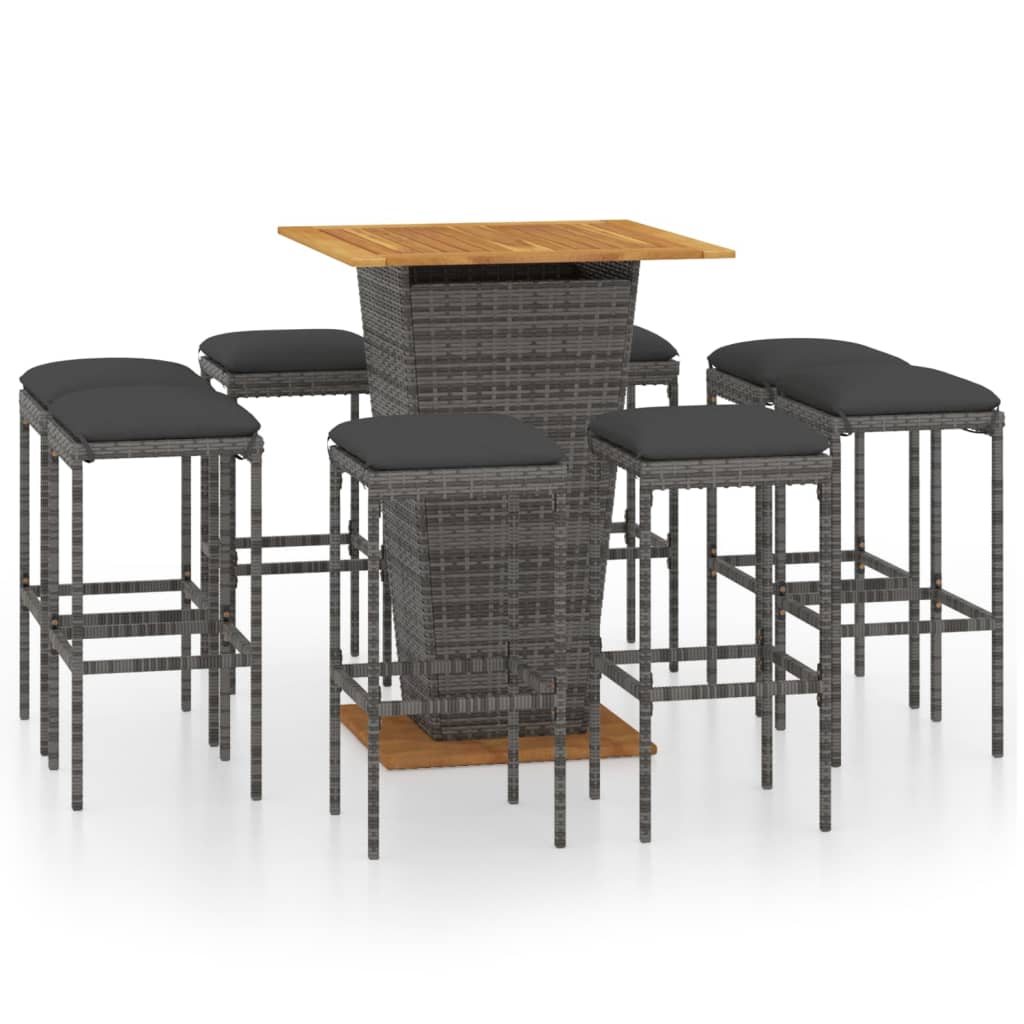 Ensemble de bar de jardin 9 pcs et coussins Résine tressée Gris