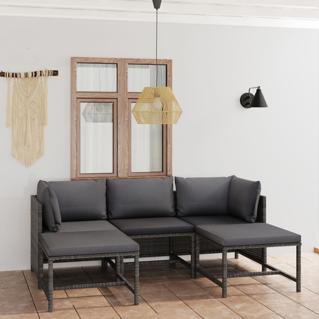 Salon de jardin 5 pcs avec coussins Résine tressée Gris