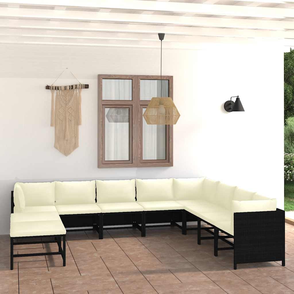 Salon de jardin 9 pcs avec coussins Résine tressée Noir