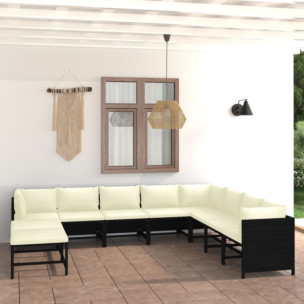 Salon de jardin 11 pcs avec coussins Résine tressée Noir