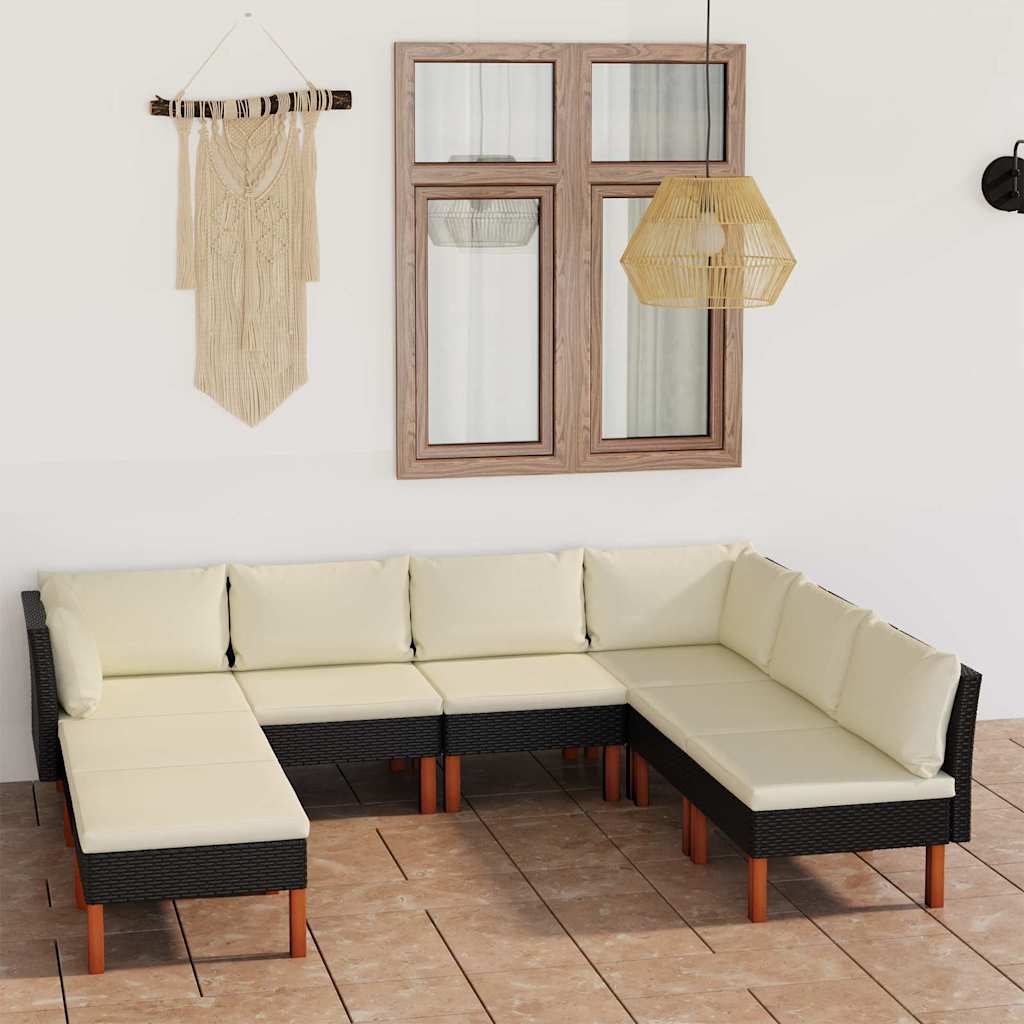 Salon de jardin 8 pcs avec coussins Résine tressée Noir