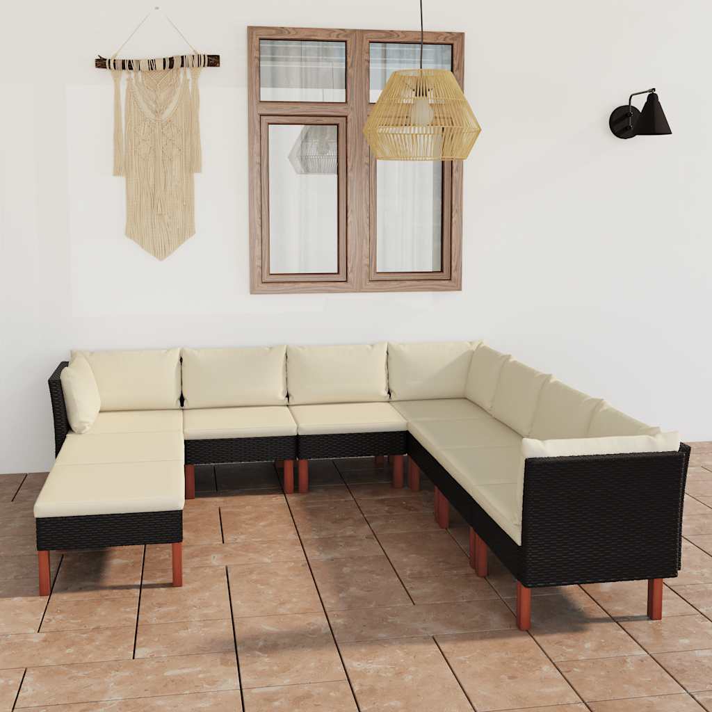 Salon de jardin 9 pcs avec coussins Résine tressée Noir