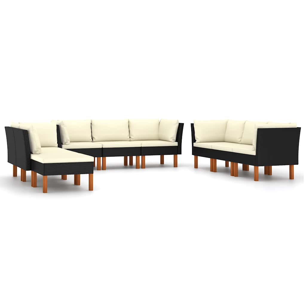 Salon de jardin 9 pcs avec coussins Résine tressée Noir