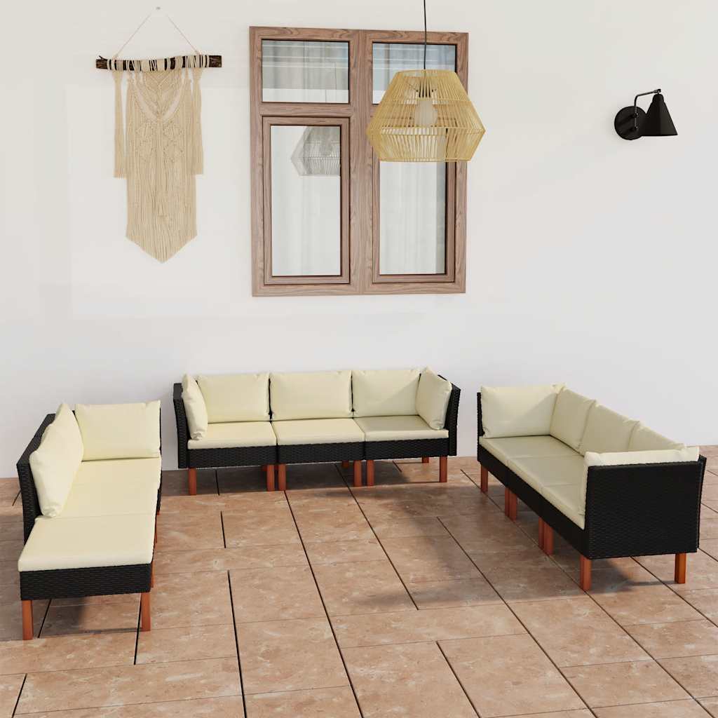 Salon de jardin 9 pcs avec coussins Résine tressée Noir