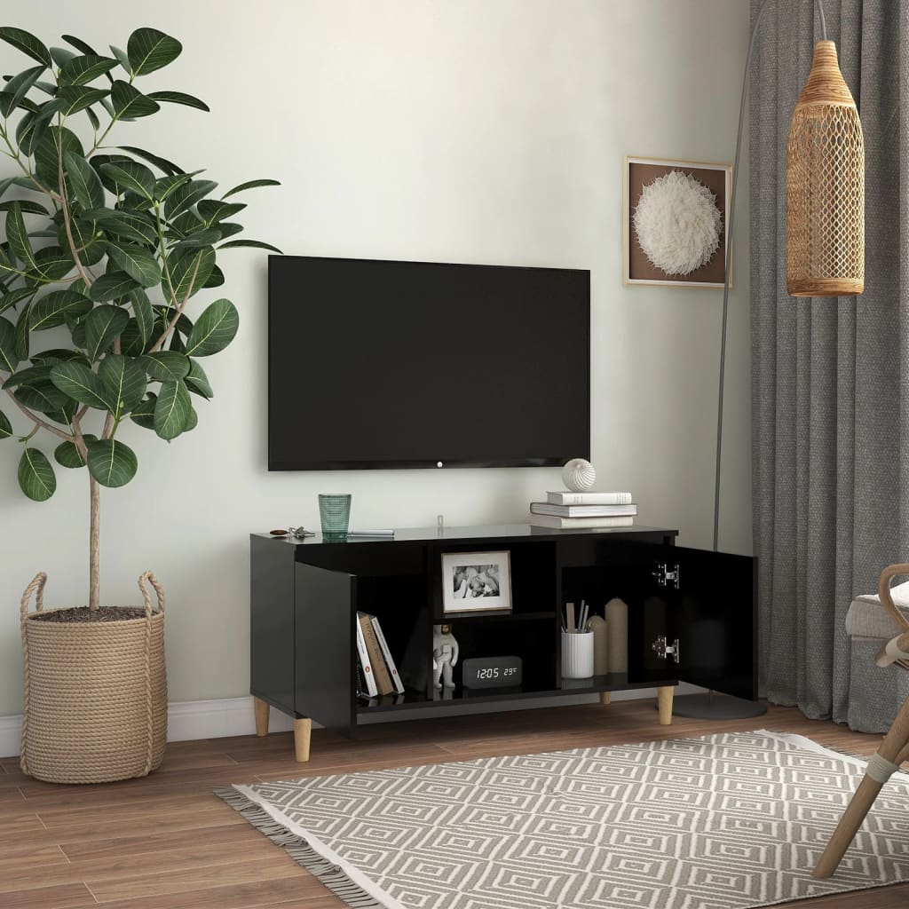 Meuble TV avec pieds en bois massif Noir 103,5x35x50 cm - XIOS