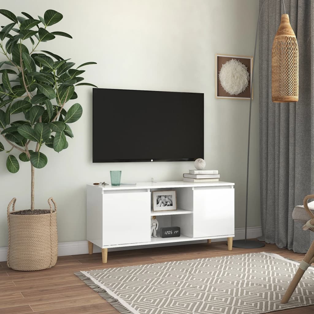 Meuble TV avec pieds en bois Blanc brillant 103,5x35x50 cm - XIOS