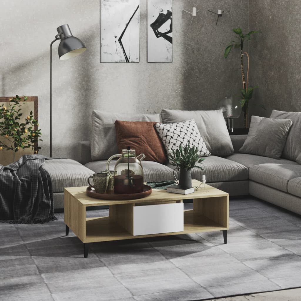 Table basse blanc chêne sonoma 103,5x60x35 cm bois d'ingénierie - XIOS