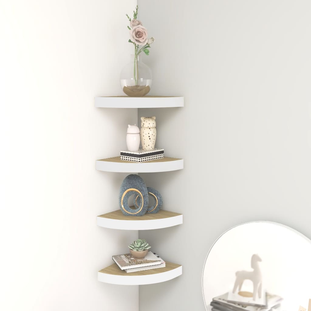 Étagères d'angle murales 4 pcs Chêne et blanc 35x35x3,8 cm MDF - XIOS
