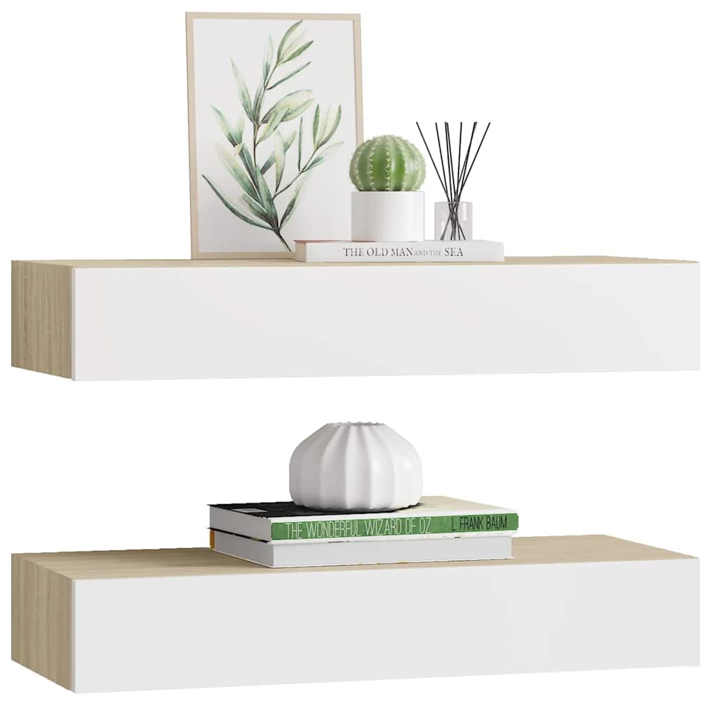 Étagères murales à tiroirs 2 pièces Chêne et blanc 60 x 23,5 x 10 cm MDF - XIOS