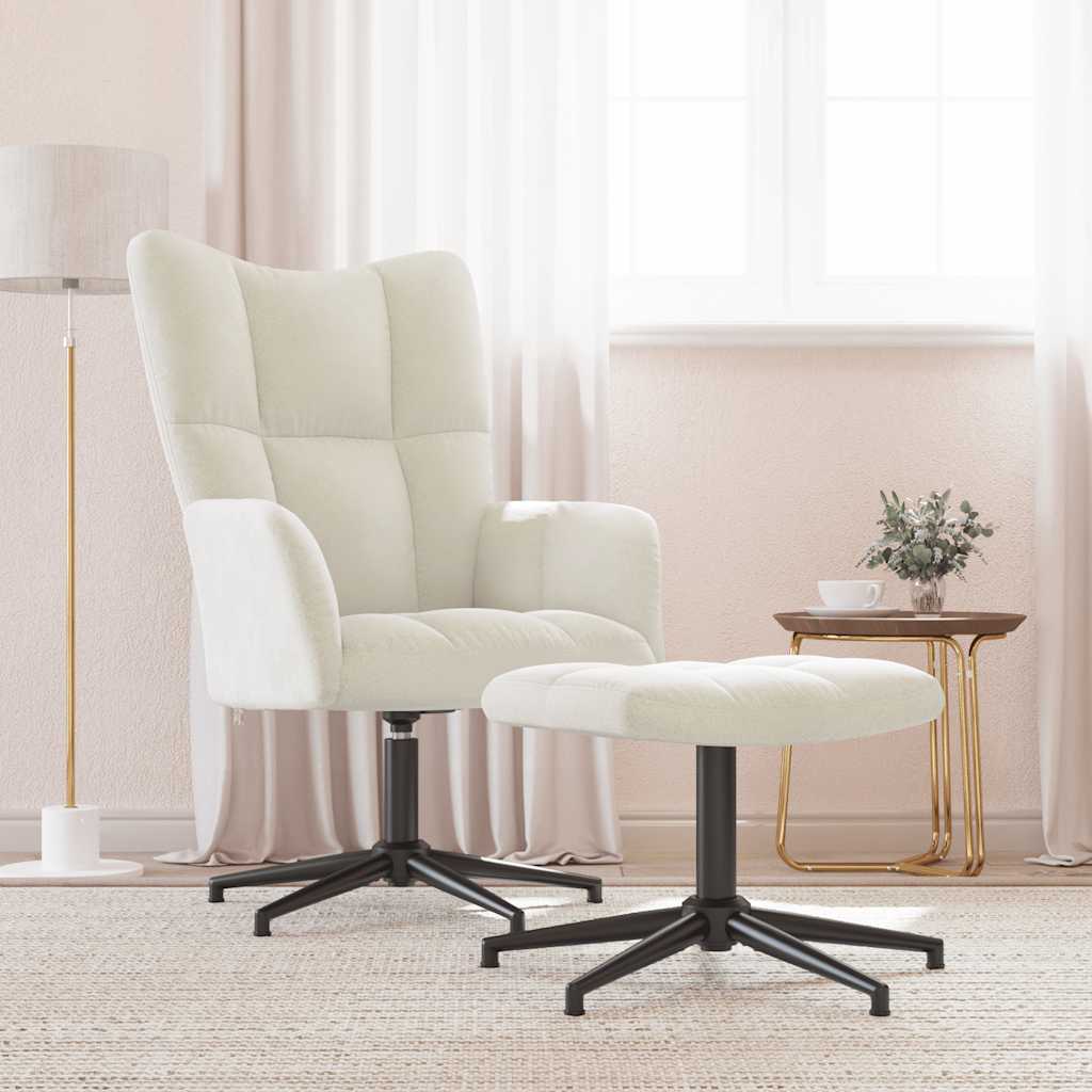 Chaise de relaxation avec tabouret Blanc crème Velours - XIOS
