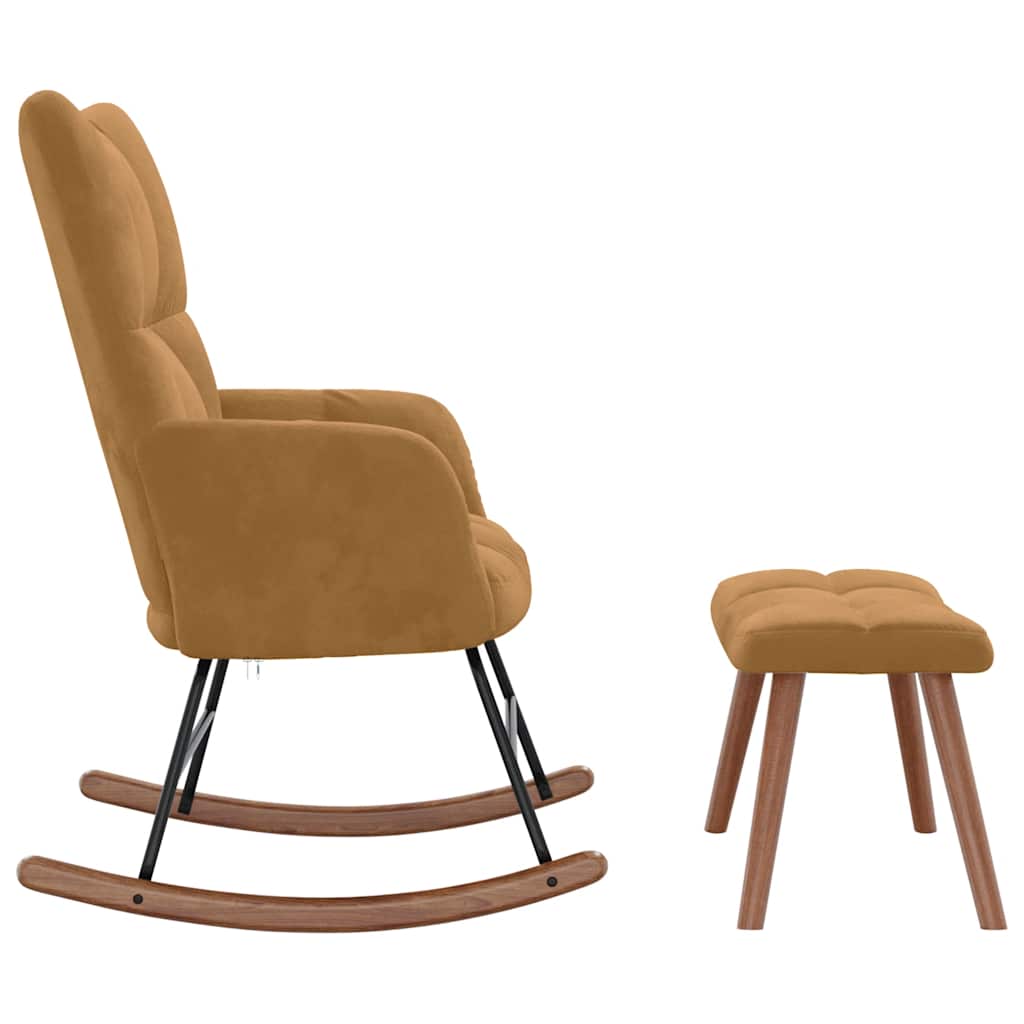 Chaise à bascule avec tabouret en velours marron
