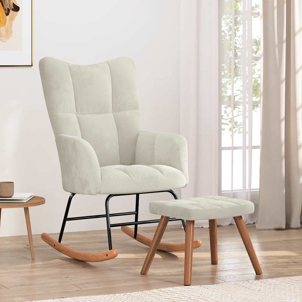 Chaise à bascule avec repose-pied Blanc crème Velours